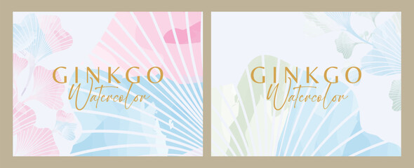 Watercolor horizontal ginkgo background for feminine documents