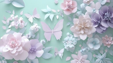 Fototapeta premium whimsical 3d paper flowers and butterflies in soft spring colors
