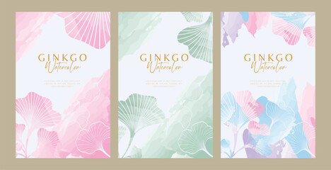 Watercolor vertical ginkgo background for documents or invitations and spa business veminim