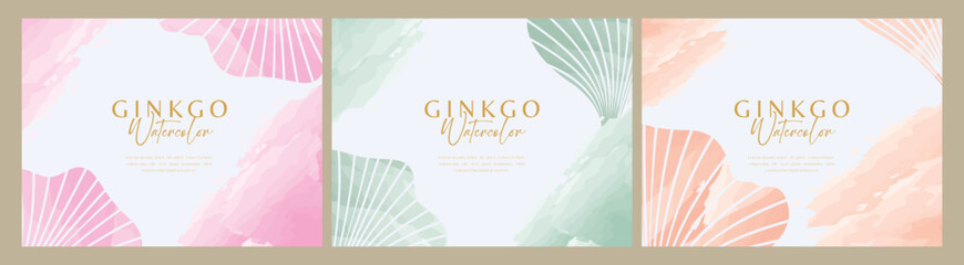 Watercolor horizontal ginkgo background for documents or invitations and veminim spa business