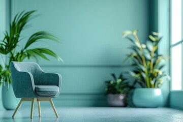 Teal armchair in a minimalist room with plants