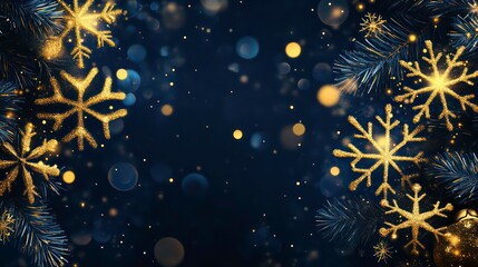 A dark blue background with glowing snowflakes and bokeh circles creates a magical wintery feel. Christmas festive background