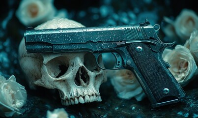 Wet pistol rests on skull, surrounded by roses.