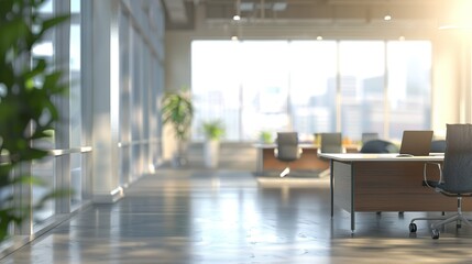 Fototapeta premium Modern office space with city view, sunlight streaming through large windows.