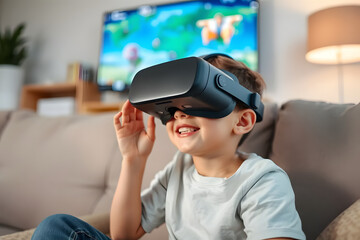 Young boy sitting on the couch wearing VR glasses, watching an interactive video game in virtual reality. She is smiling and having fun while exploring different worlds through her headset.