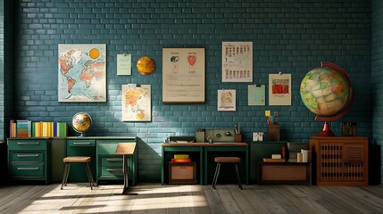 Vintage Classroom 3D Render: Sunlit Teal Brick Walls, Mid-Century Decor AI Generated