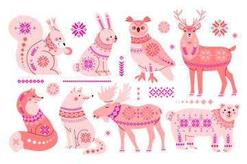 Set of forest animals: fox, wolf, bear, elk, deer, squirrel, owl, hare in Scandinavian northern style with ornament in pink color. Vector simple folklore illustration for postcards, toy packaging.