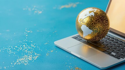 A golden globe rests on a laptop keyboard, symbolizing global connectivity and digital innovation against a turquoise background.