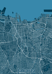 The image showcases a detailed map of Jakarta, Indonesia, rendered in a minimalist style. The map features a blue background with white lines representing roads and waterways.