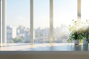 Naklejka premium Sunlit workspace with plants and city view