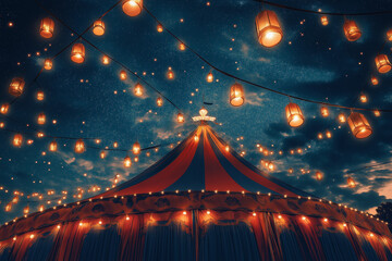Magisches Zirkuszelt mit leuchtenden Laternen und n&auml;chtlichem Himmel

