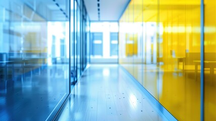 Modern office hallway with blue and yellow glass walls.