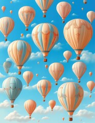 wallpaper featuring orange hot air balloons flying in a blue sky, white clouds