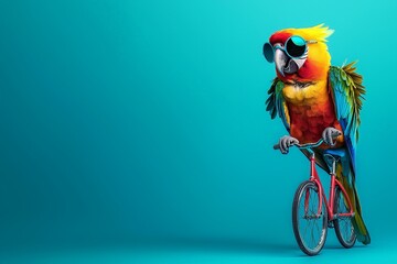 Fun and Quirky Parrot on Bicycle with Round Sunglasses Showcasing a Vibrant Color Palette against a Bright Teal Background for Stock Use
