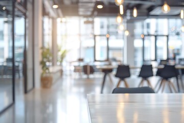Modern office interior with bright sunlight streaming through large windows, showcasing a clean and minimalist design.