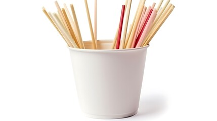 Isolated disposable paper cup with a straw isolated on solid white background.