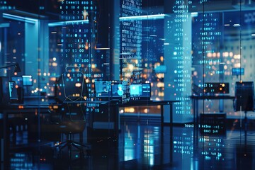 Night view of a modern office with glowing screens and data streams.