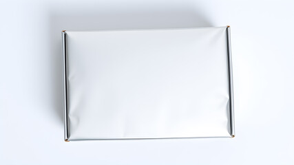 A package box with matte metallic silver texture, flat lay on a white background.&nbsp;Generative AI
