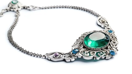 Isolated elegant silver necklace with a gemstone pendant isolated on solid white background.