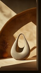 Sculptural grey bag in sunlit niche.