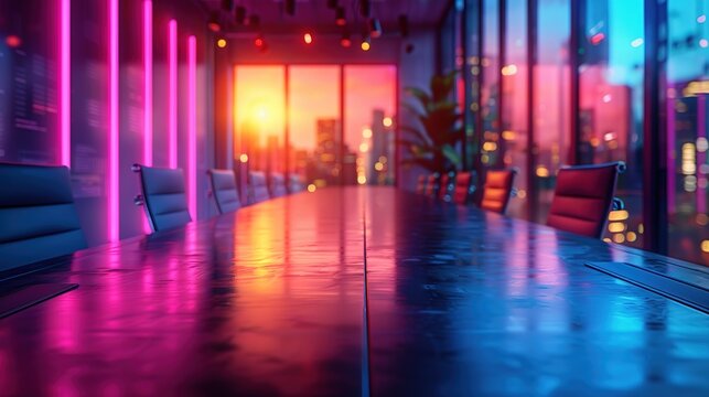 Modern conference room with city sunset view.