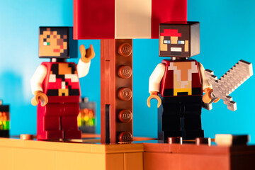Naklejka premium LEGO Minecraft Pirates on a pirate ship against a blue sky