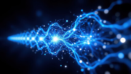 Undetectable AI electric current flow through circuit board with blue sparkles and light beams.