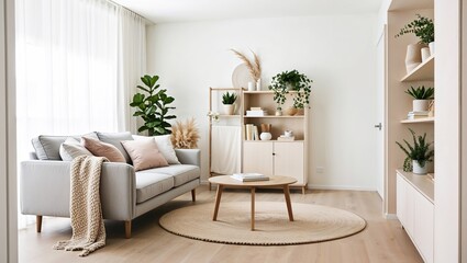 Modern cozy living room with neutral furniture and plants