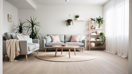 Modern cozy living room with neutral furniture and plants