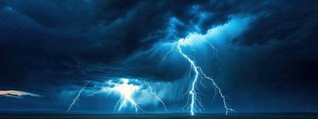 A dramatic view of a massive lightning storm over a vast plain, with multiple bolts striking the ground and illuminating the night, Plains scene