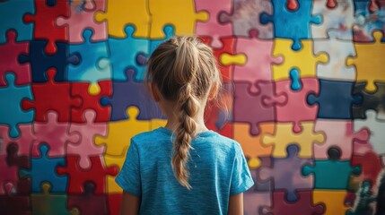 A young girl with her back to the camera observes a large, colorful jigsaw puzzle, representing the complexities of autism. World Autism Awareness Day