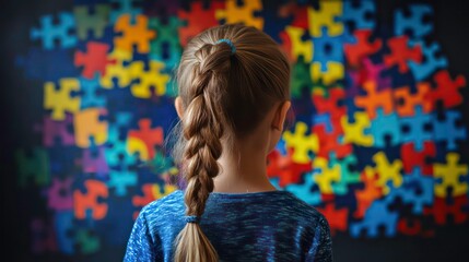 A young girl with her back to the camera observes a large, colorful jigsaw puzzle, representing the complexities of autism. World Autism Awareness Day