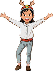 Happy girl wearing christmas reindeer antlers smiling with open arms