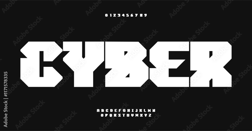 Fototapete cyber tech typeface, futuristic block letters, digital display font for tech branding, gaming interf