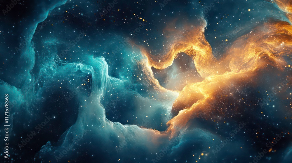 Poster abstract concept depicting the integration of big data and technology with swirling algorithms and d