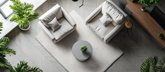 Modern Living Room Interior Design: Top-Down View of Elegant Seating Area with Plants