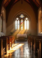 Fototapeta premium Sunlight streaming through stained glass window in traditional church interior with wooden pews. Empty gothic chapel with stone altar. Religious space with morning light rays across aisle