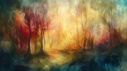 Fototapeta premium Impressionistic painting of a mystical forest path at sunrise, with vibrant colors and textured brushstrokes.