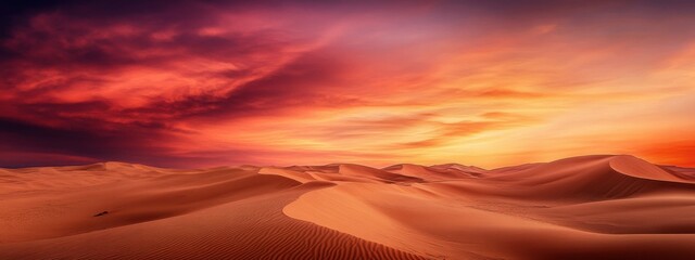 A dramatic view of the Sahara Desert dunes under a fiery red sky at dusk, Desert scene, Epic style