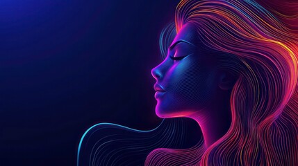 Abstract neon silhouette with flowing hair in vibrant colors and motion