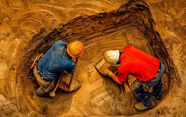 Two construction workers digging a hole.