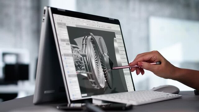 Female Engineer Developing Mechanical Parts Using 3D CAD Software On Laptop