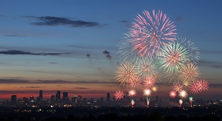Vibrant Fireworks Display Exploding Across a Twilight Sky, Showcasing Stunning Bursts of Color in Celebration, Perfect for Festive Events, Holiday Designs, and Themes of Joy and Excitement