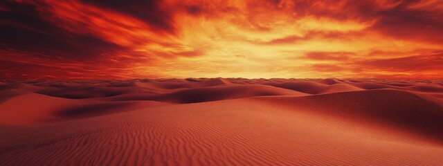 A dramatic view of the Sahara Desert dunes under a fiery red sky at dusk, Desert scene, Epic style