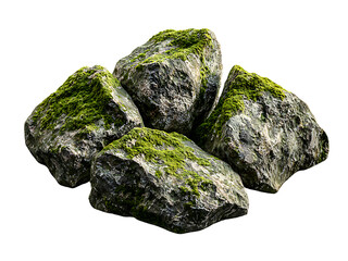 moss-covered rocks stones isolated on transparent or white background, png cutout