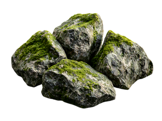 moss-covered rocks stones isolated on transparent or white background, png cutout