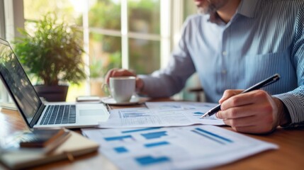 A business owner conducting an online meeting via video call, surrounded by documents and a cup of coffee, working remotely in a modern home office setup.