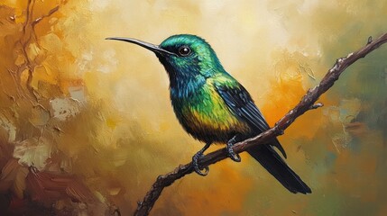 Fototapeta premium Vibrant Green Hummingbird on Branch, Oil Painting