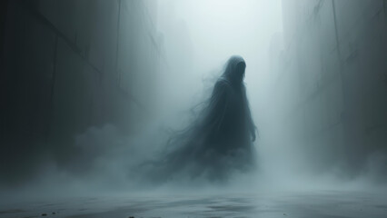 A person dressed as an AI entity standing in a misty underground setting with a mysterious atmosphere.
