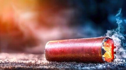 A close-up of a damaged firework casing emitting smoke and sparks, set against a blurred, colorful background.